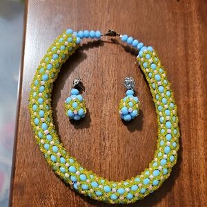 Vibrant Blue and Green Beaded Necklace with Spiral Design